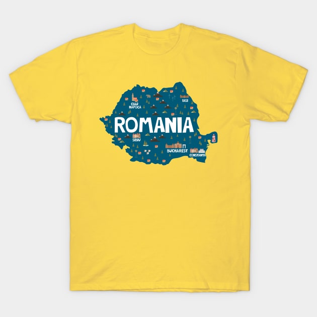 Romania Illustrated Map T-Shirt by JunkyDotCom